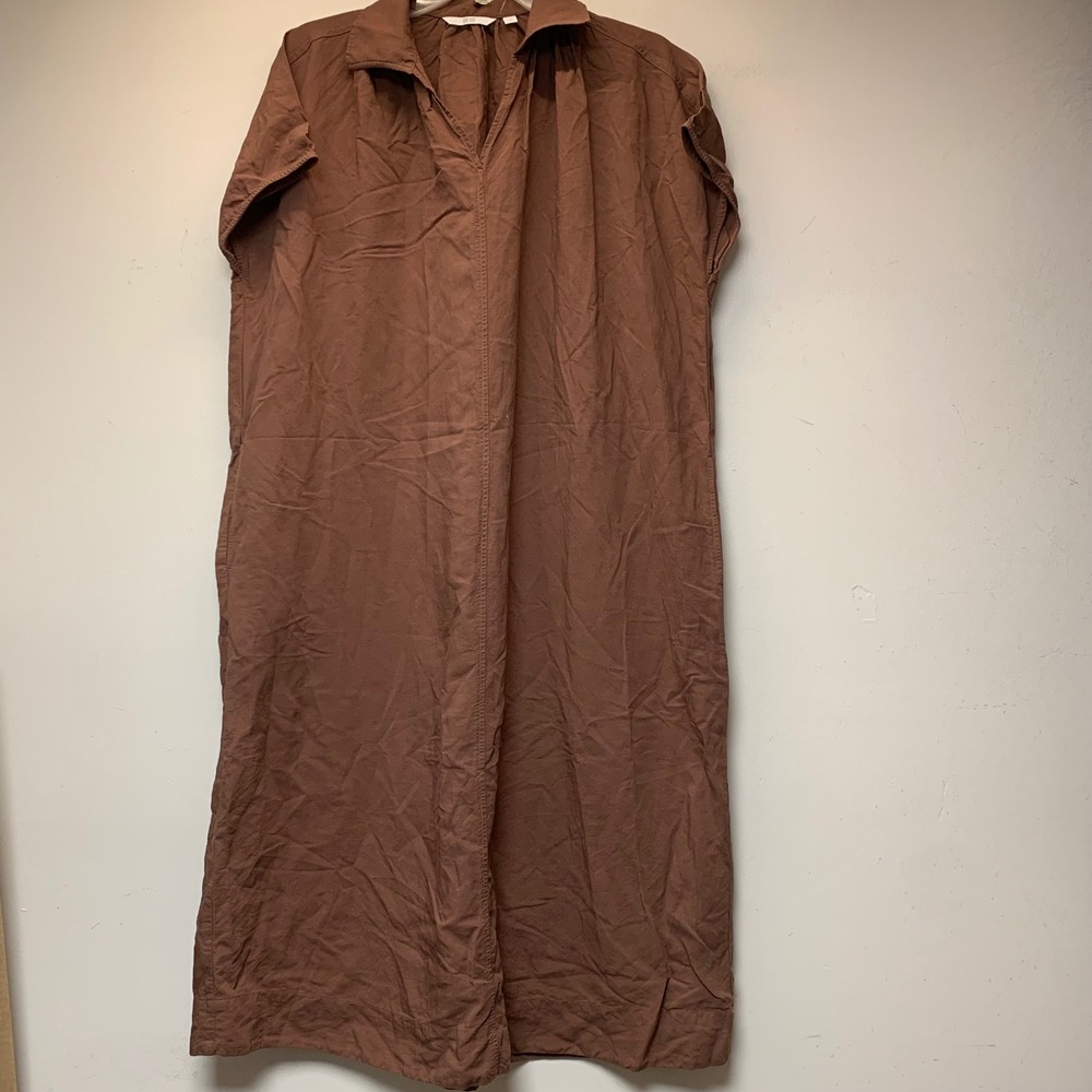 Uniqlo Midi Dress Womens S Brown Excellent Linen Blend Relaxed V-Neck Cap Sleeve